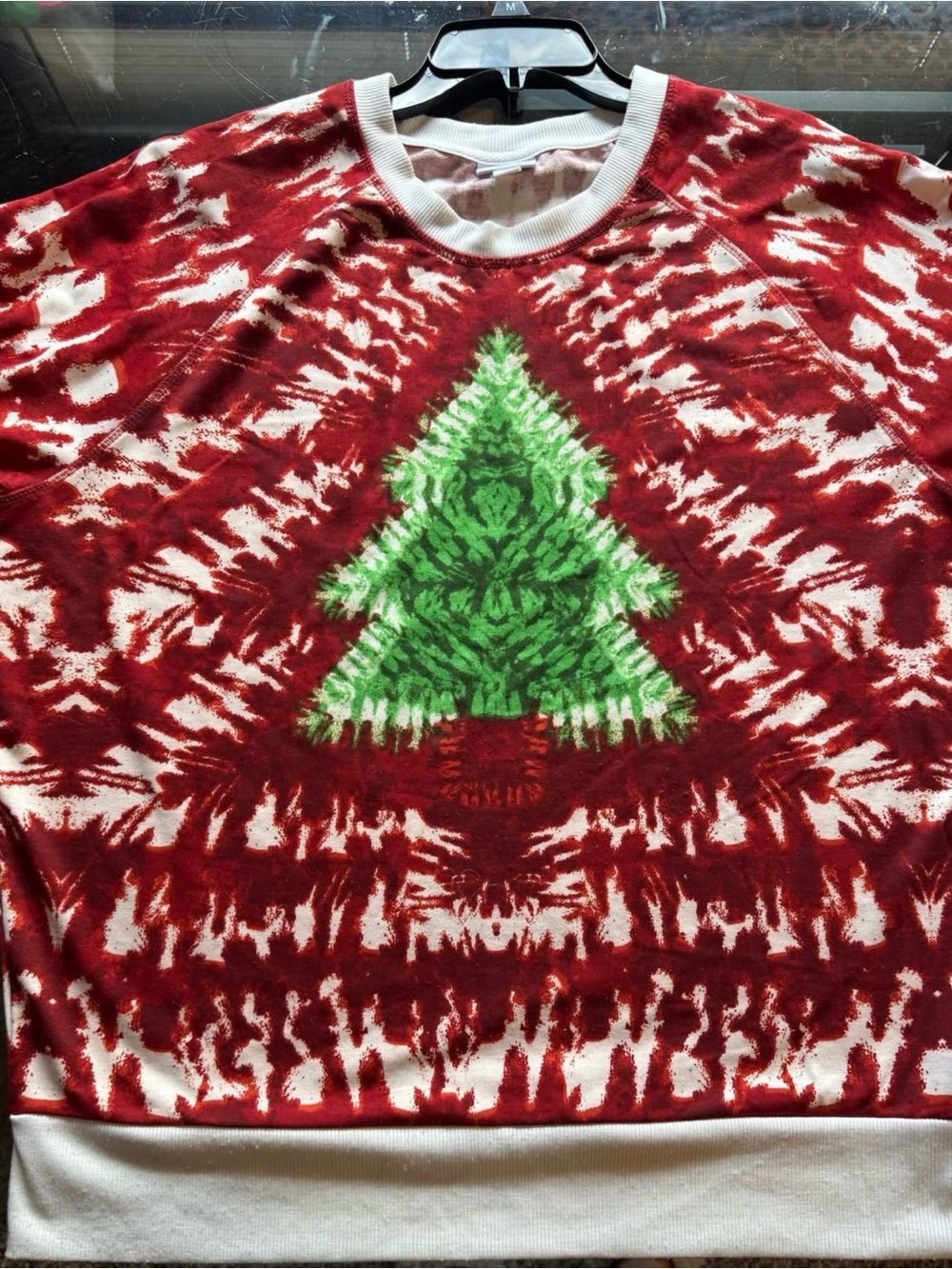 LuLaRoe Red and Green Tie-dyed Crewneck Sweater with Christmas Tree Motif